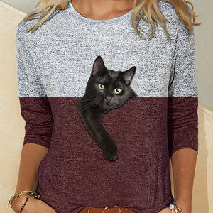 Women's T shirt Stitching Paw Cat